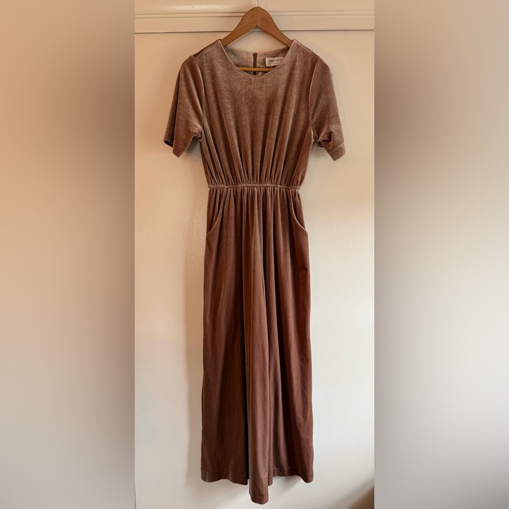Pinkyotto Velvet Velour Wide Leg Jumpsuit Champagne Tan Short Sleeve Size Medium